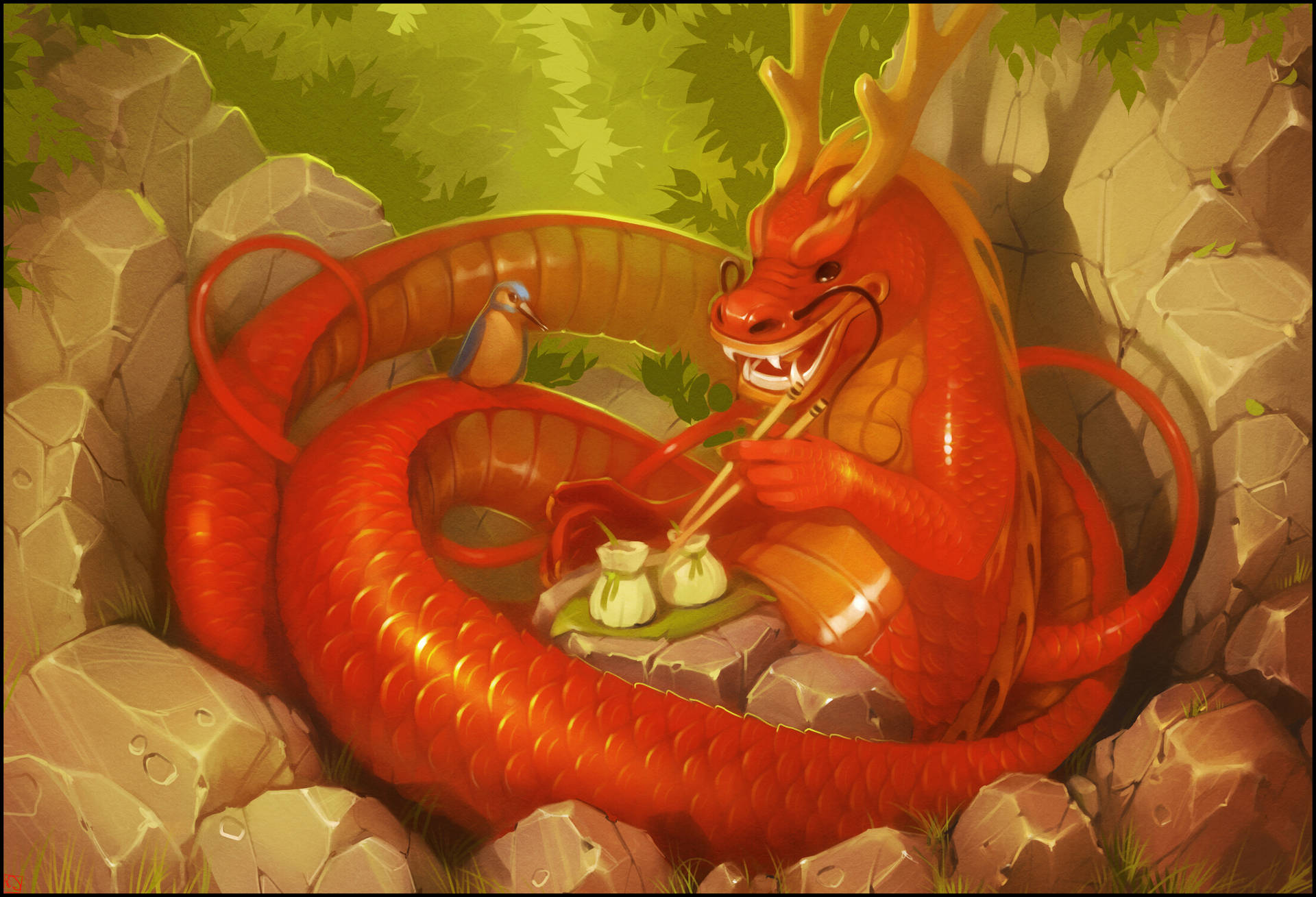 Orange Chinese Dragon Eating Dumplings Wallpaper