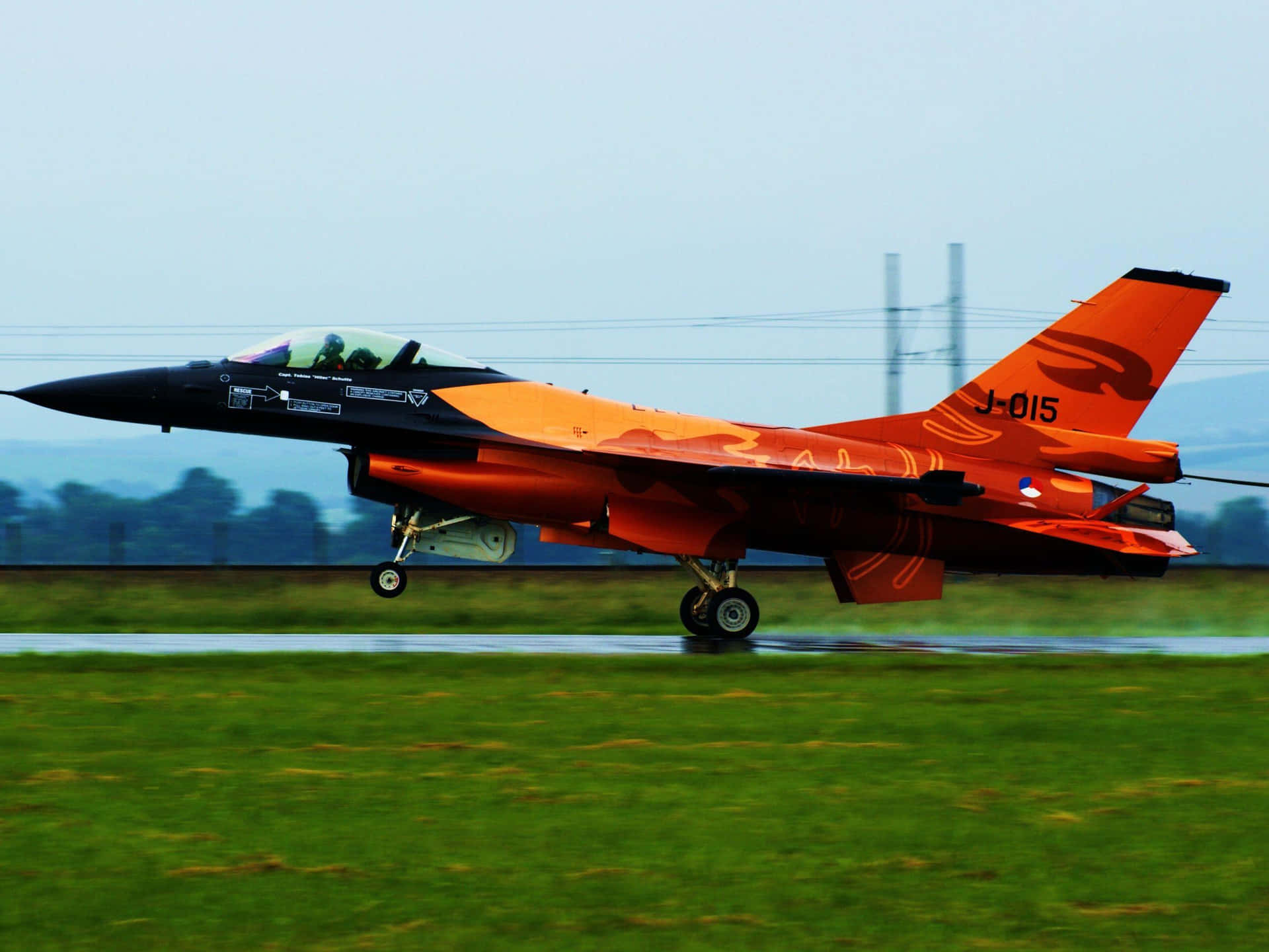 Orange F16 Fighter Jet Takeoff Wallpaper