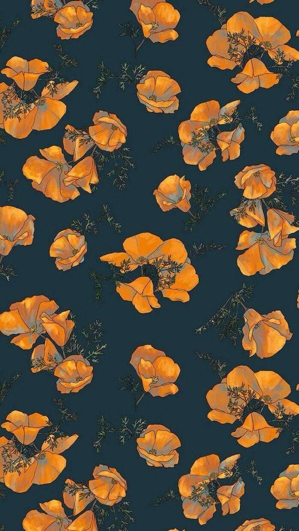 Blåttoch Orange Blommönster Wallpaper