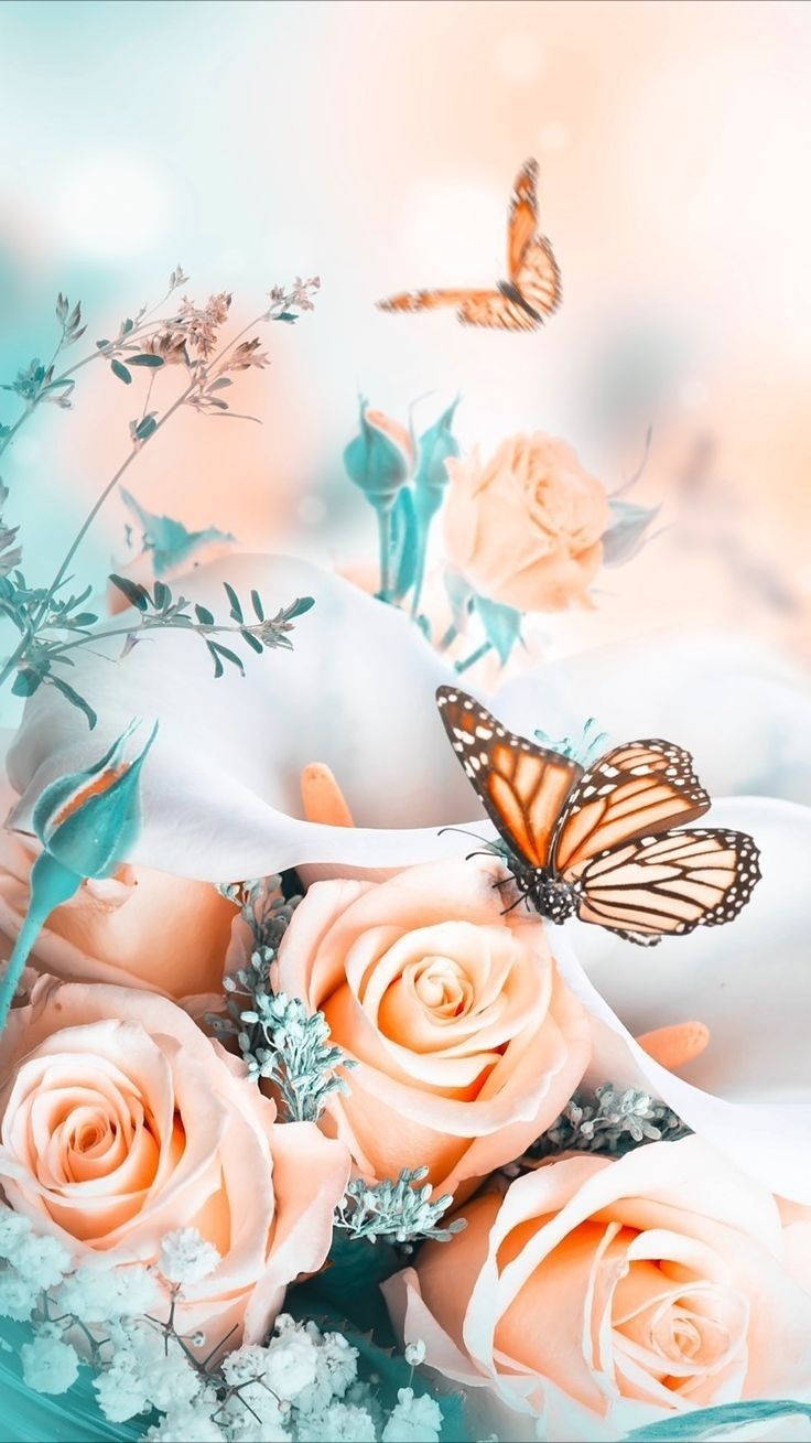 Fondode Pantalla Ligero Con Flores De Color Naranja Claro Y Mariposas Monarca. Fondo de pantalla