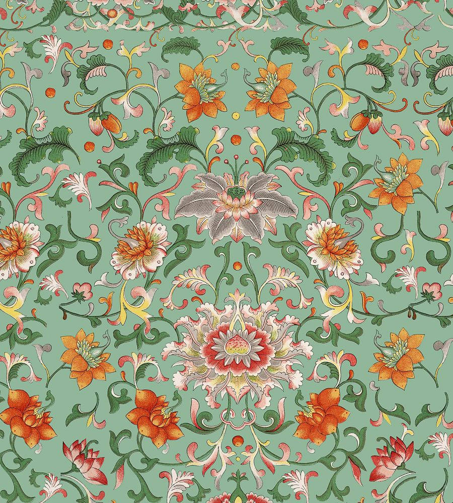 Green And Orange Floral Pattern Wallpaper