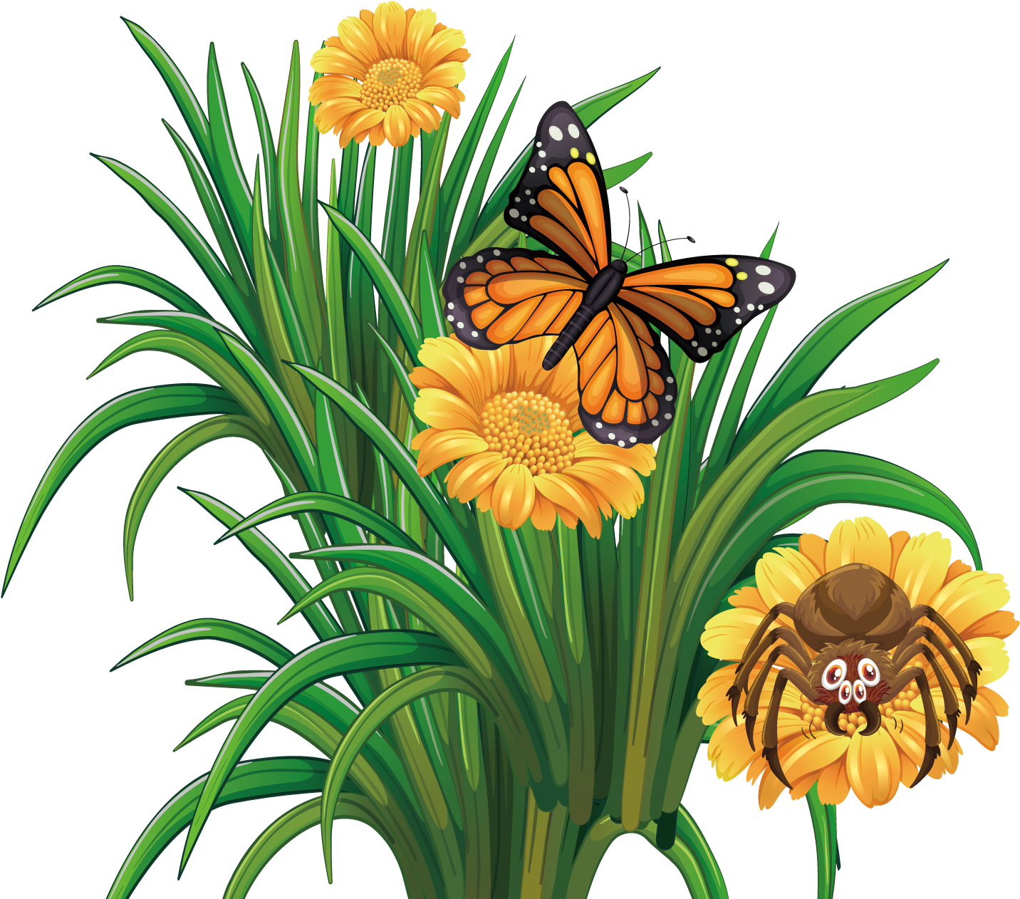 Orange Flowersand Insects Clipart PNG