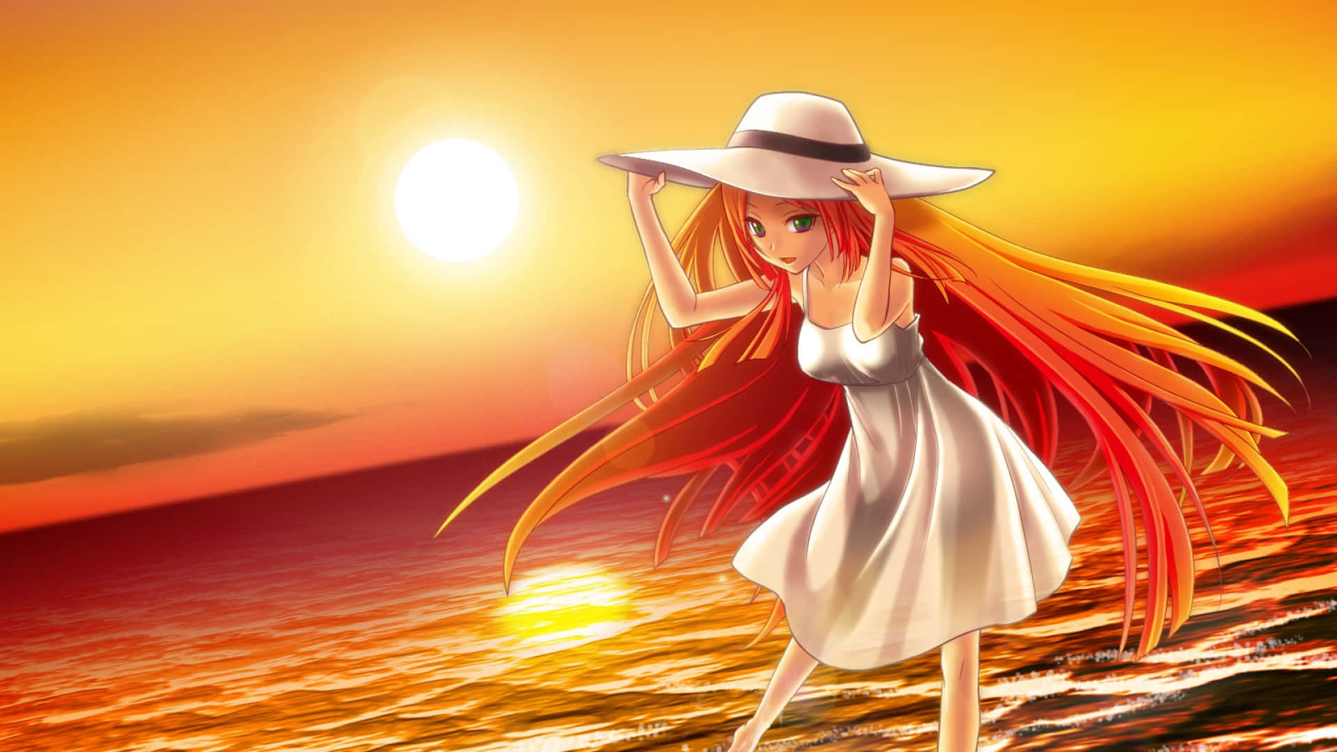 orange hår anime pige på stranden tapet Wallpaper