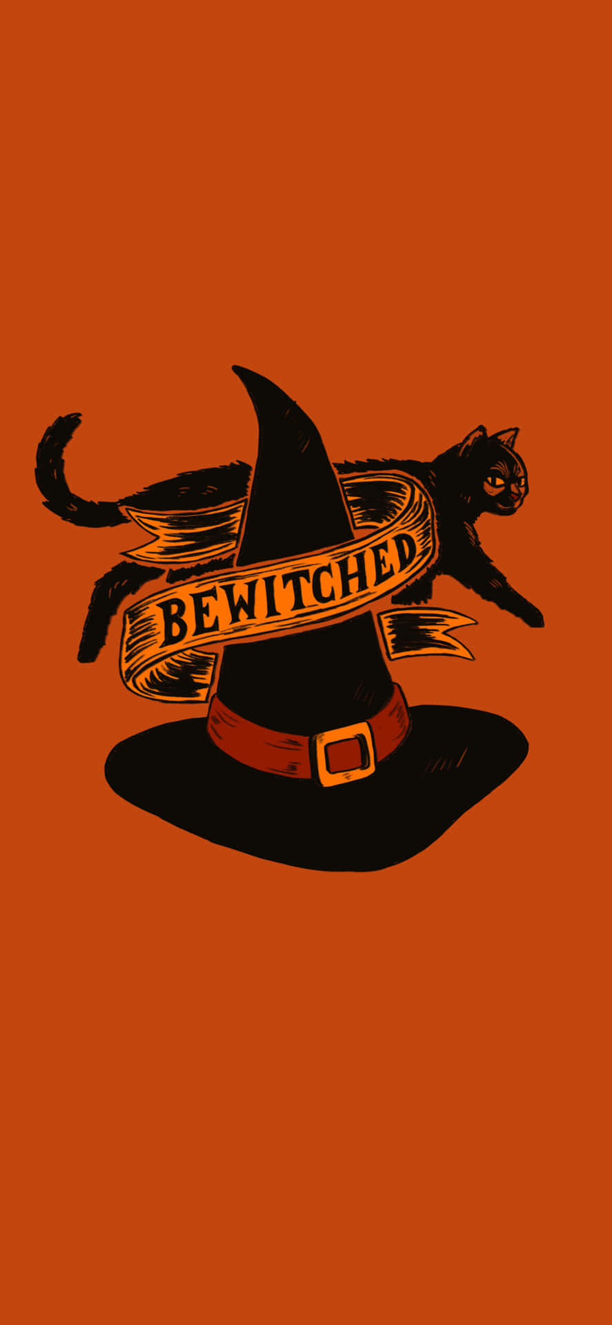 Orange Halloween Black Cat And Wizard Hat Wallpaper