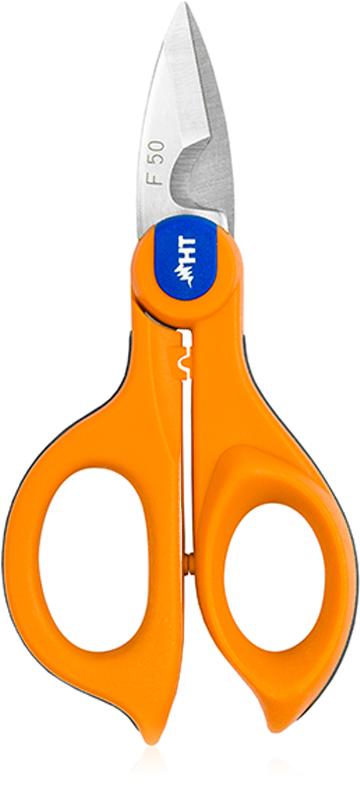 Orange Handled Scissors PNG — A pair of bright orange handled scissors with silver blades and a blue brand logo against a black background.