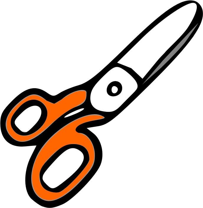 Orange Handled Scissors Vector PNG — A bold graphic illustration of scissors with orange handles and white blades against a stark black background.