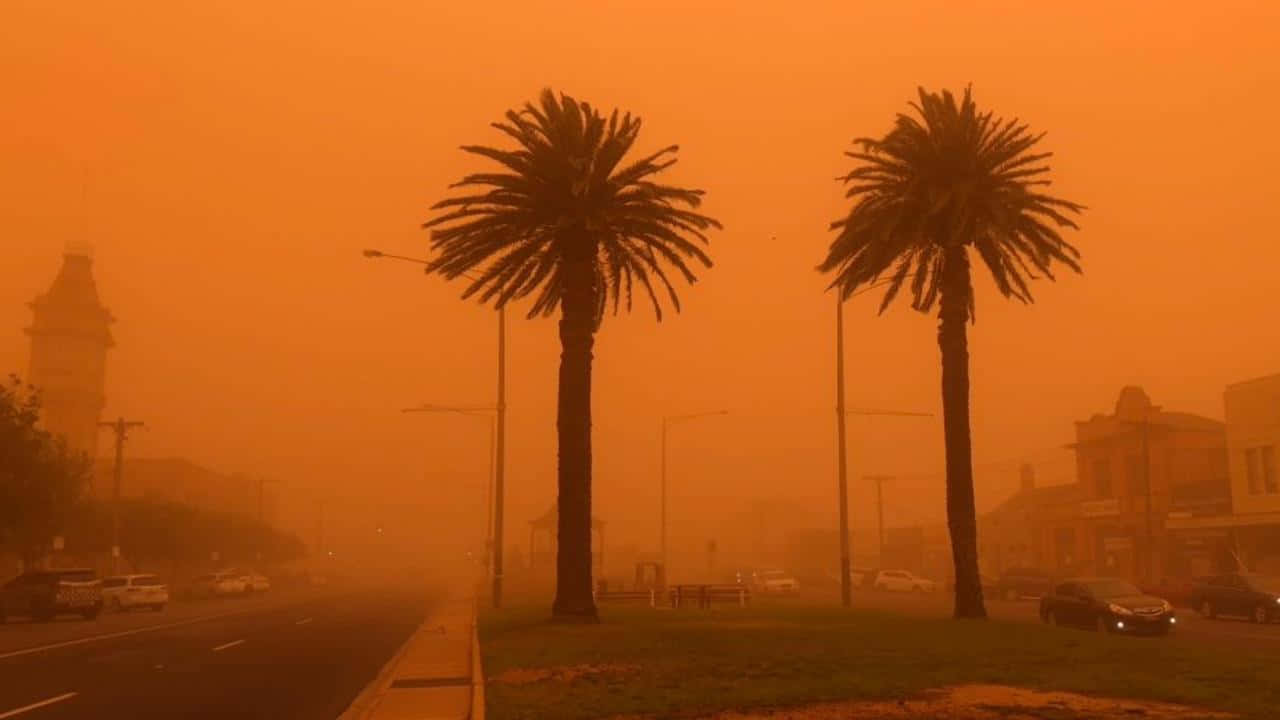 Orange Haze Dust Storm Cityscape Wallpaper