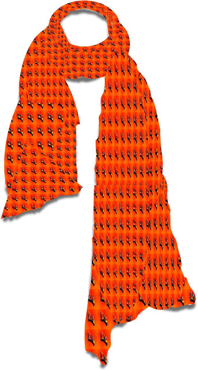 Orange Patterned Scarf PNG — A vibrant orange scarf with repeating black handprint pattern draped against a stark black background.