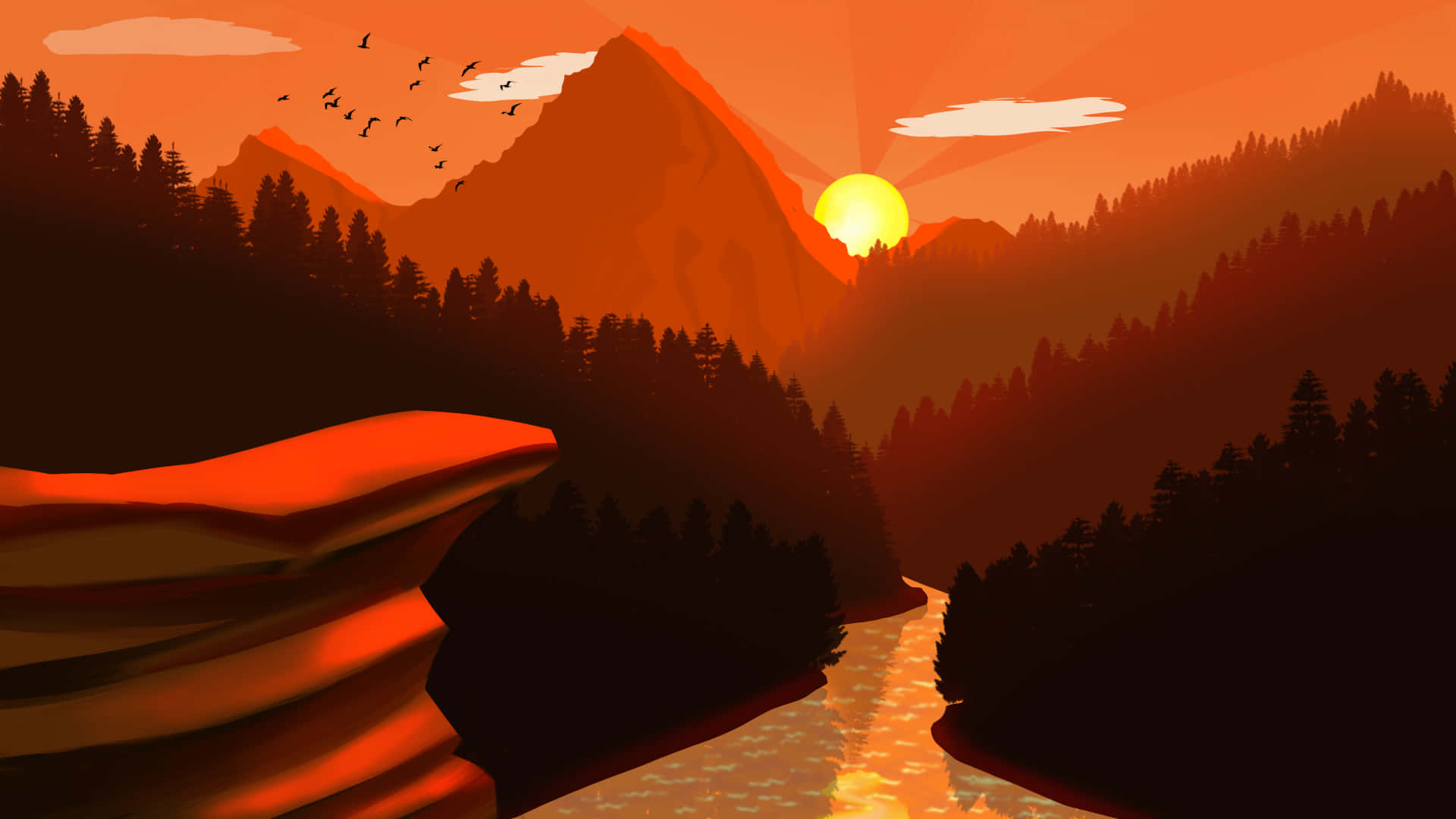Orange floder bjerg Solnedgang Digital Kunst Wallpaper