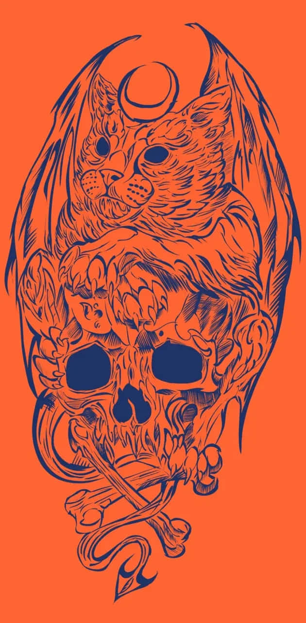 Orange Skull Cat Aesthetic Artwork Wallpaper
