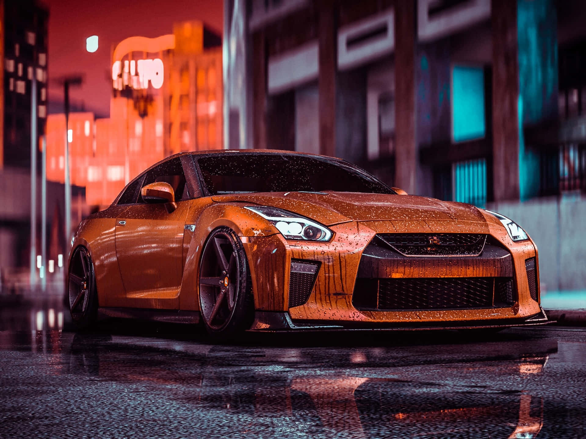 Orange Sports Car Rainy Night Wallpaper