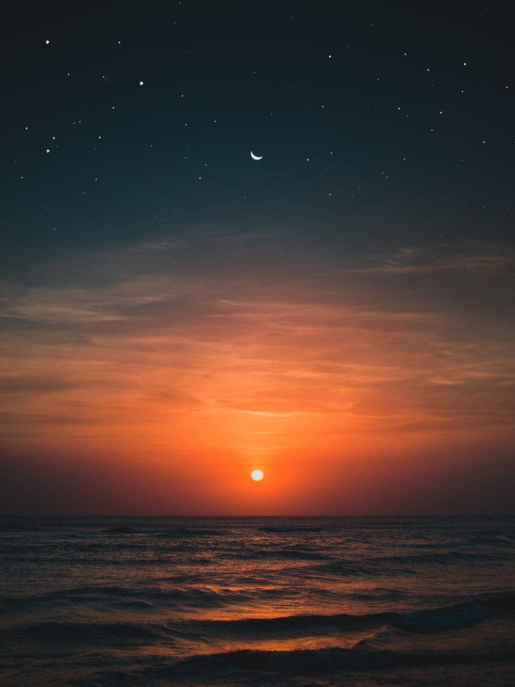 Orange Sun And Crescent Moon