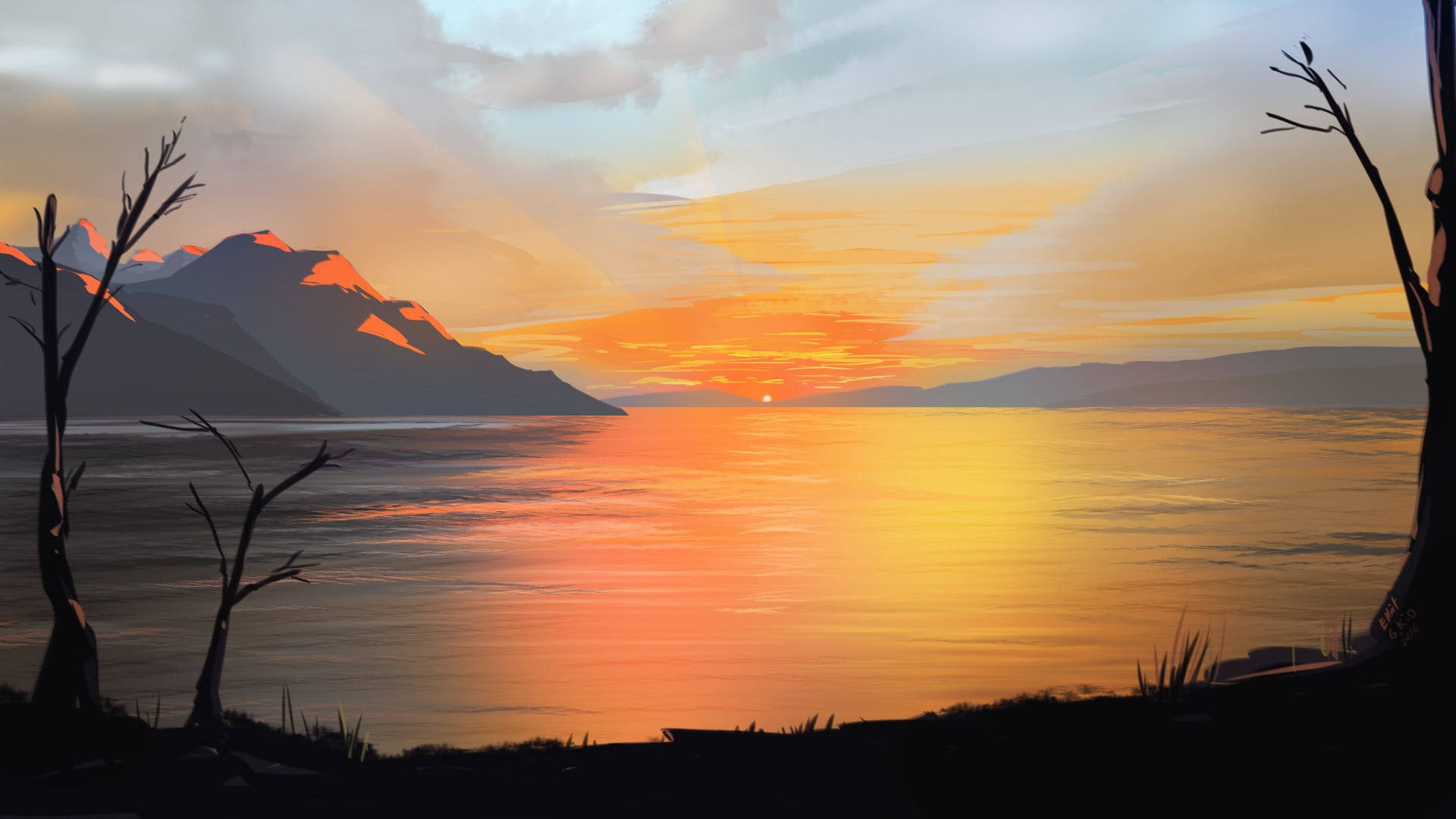 Orange Sunset Lake Paint Art Wallpaper
