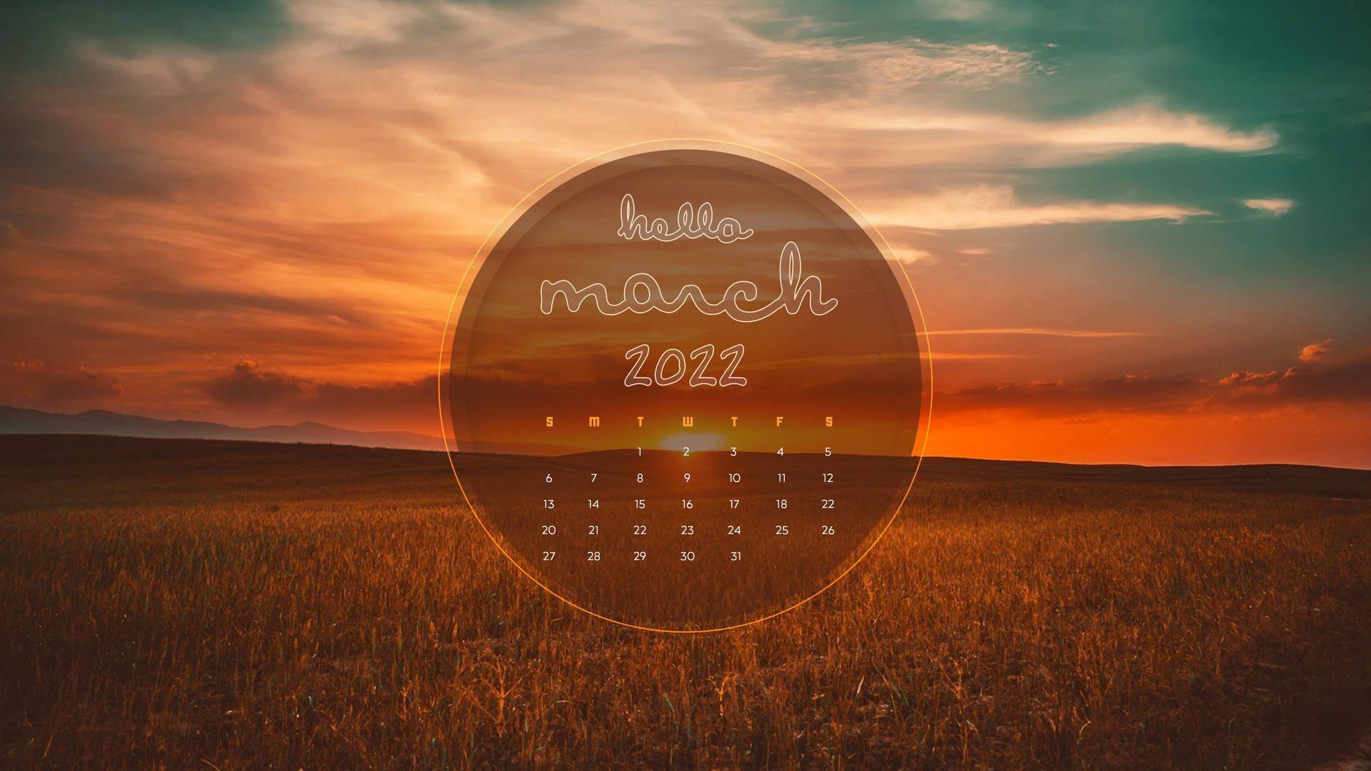 Orange Teal March 2022 Calendar