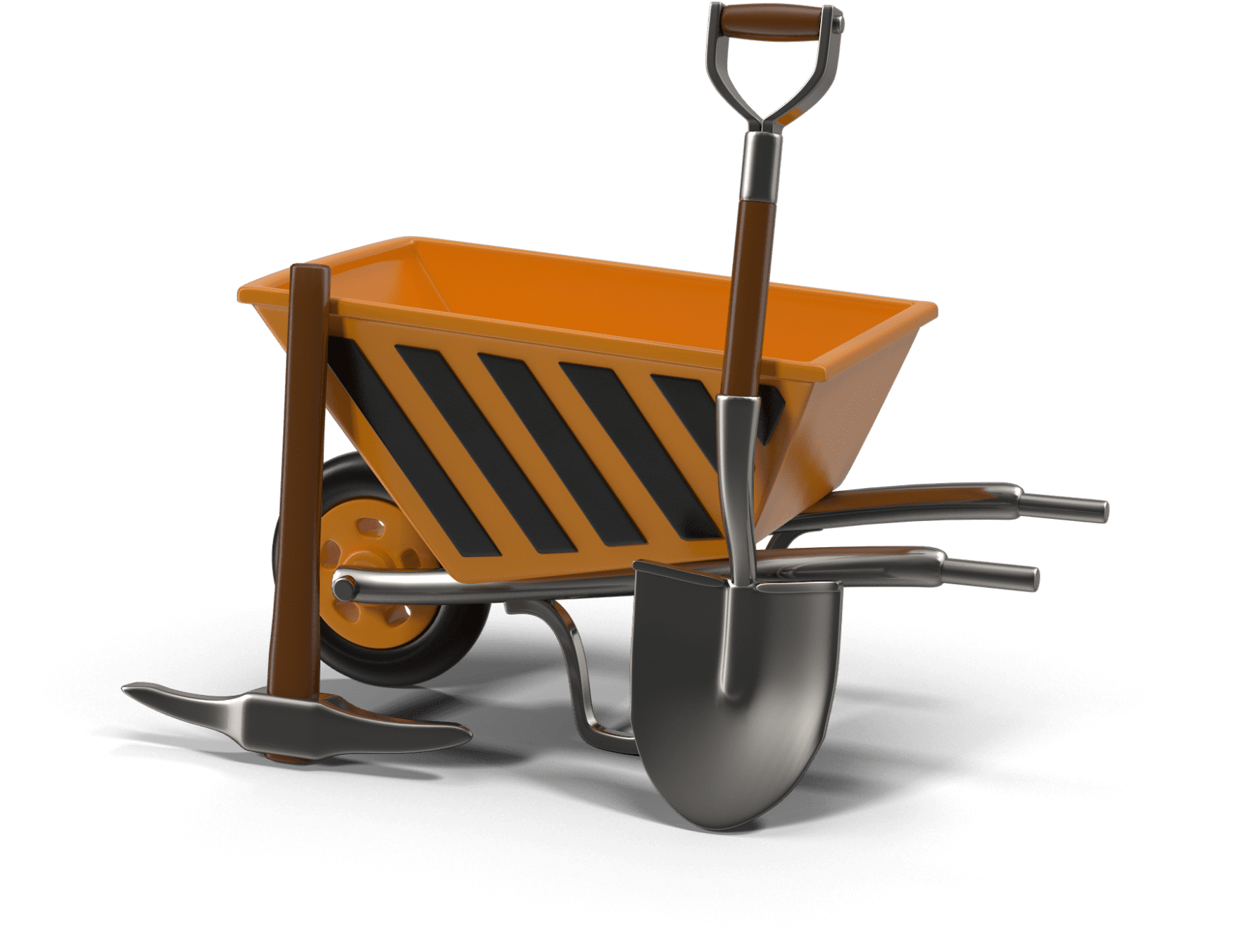 Orange Wheelbarrowand Shovel3 D Render PNG
