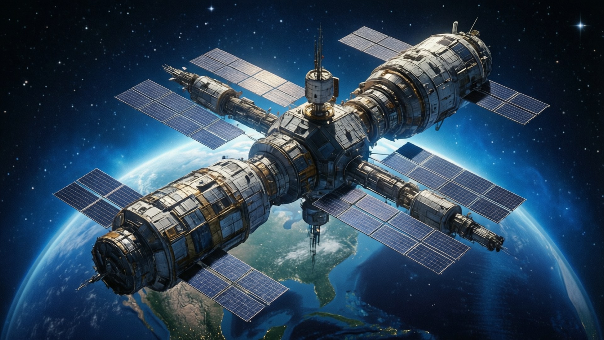 Orbit Station Papéis de Parede — Uma estação espacial futurista orbitando a Terra, mostrando tecnologia e exploração espacial.