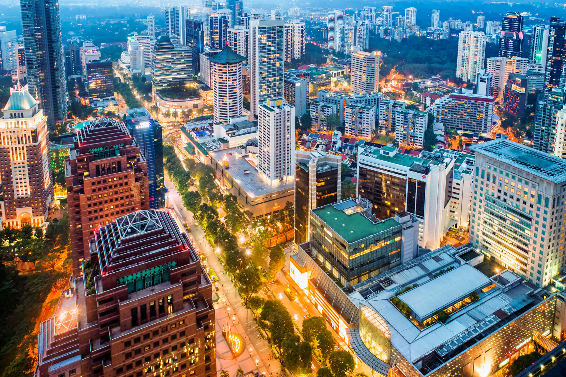 Orchard Road Singapore Twilight Aerial View Wallpaper