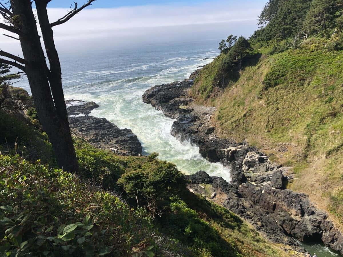 A Cliff Overlooking The Ocean And A Waterfall