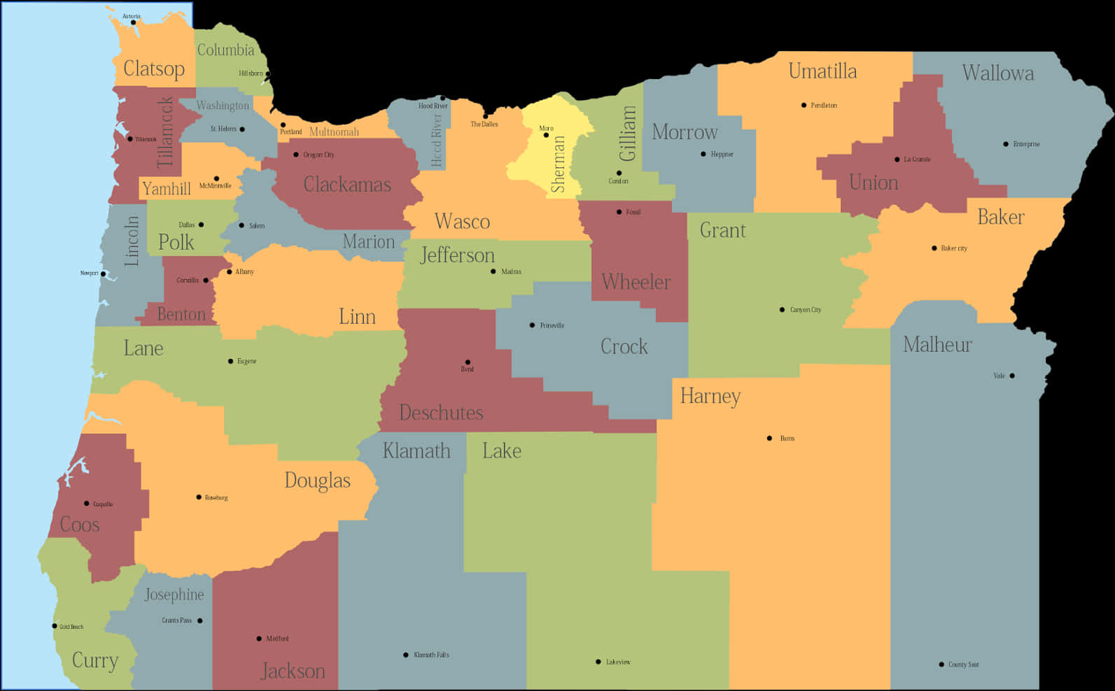 Oregon County Map Color Coded PNG