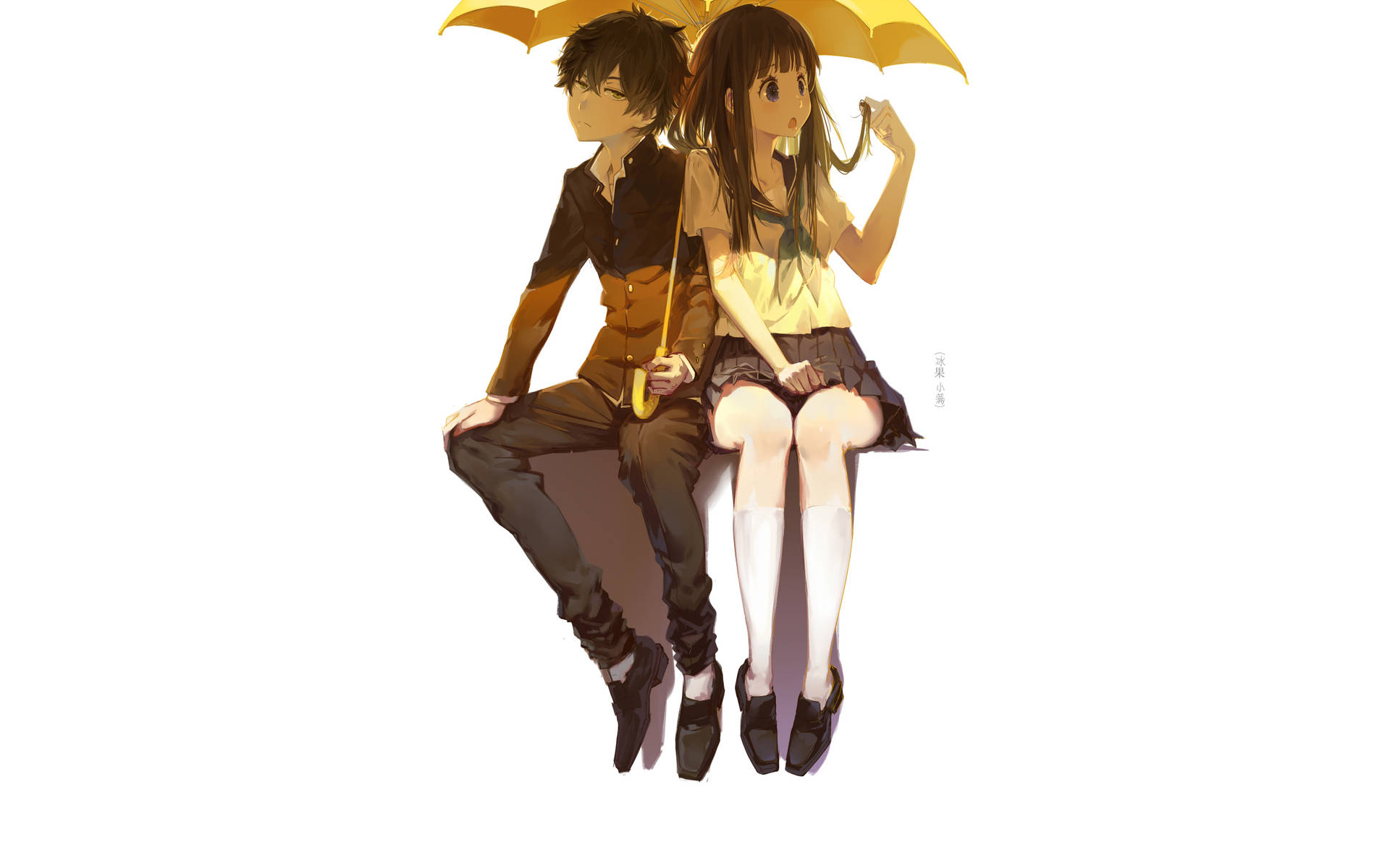 Oreki Houtarou Yellow Umbrella står mod en grå himmelbaggrund Wallpaper