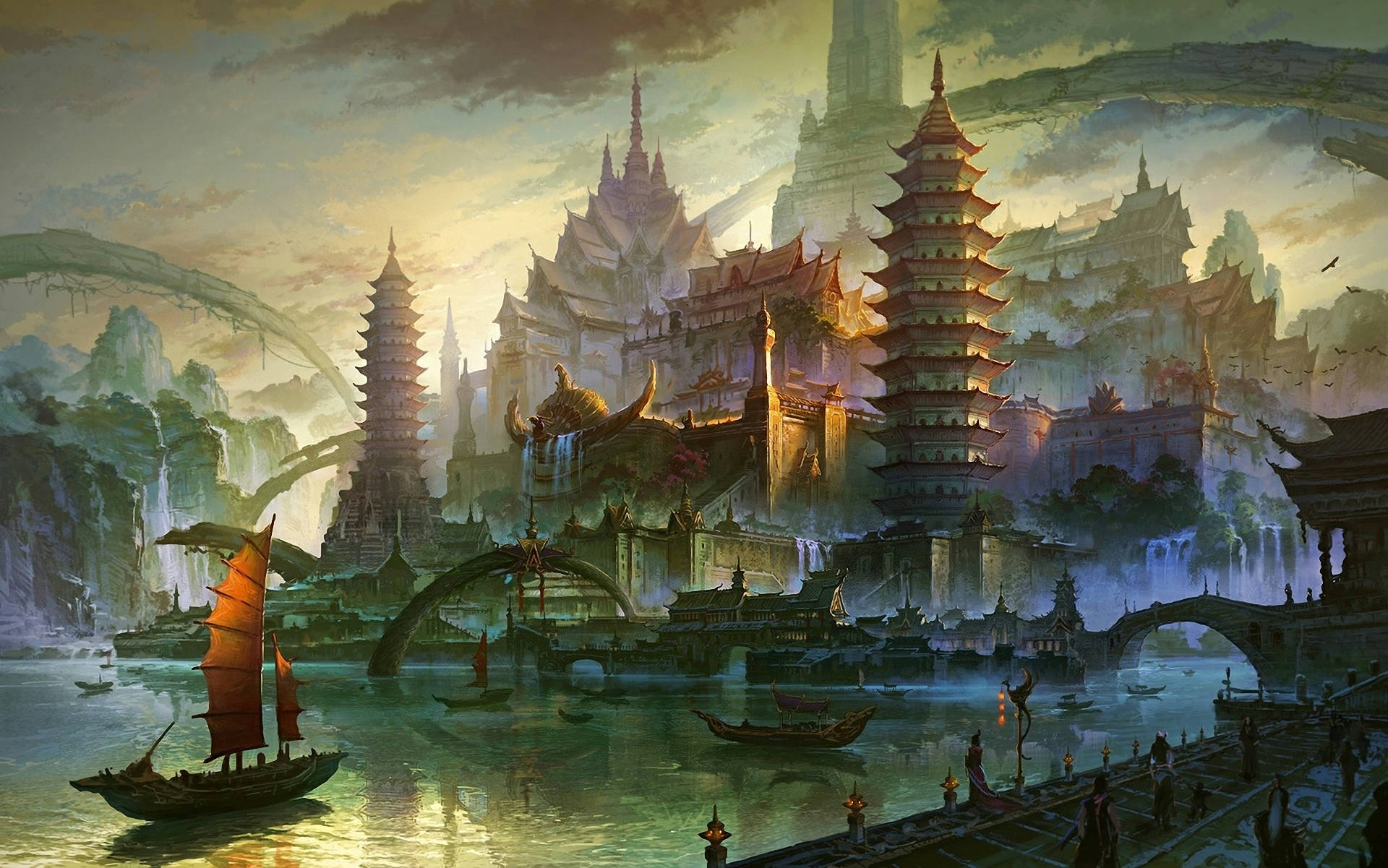 Oriental sea castle stunning fantasy art wallpaper.