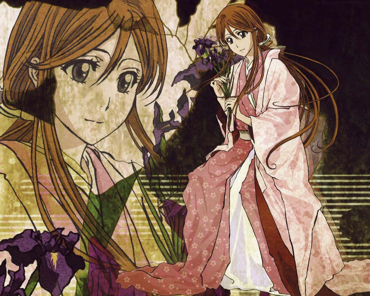 Orihime Inoue stands bravely against a fiery backdrop Wallpaper
