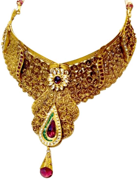 Ornate Gold Necklacewith Gemstones.png PNG