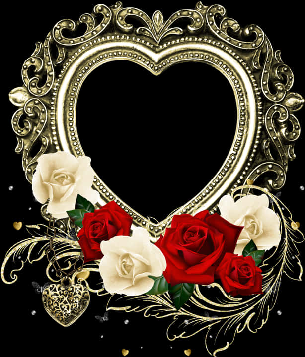 Ornate_ Golden_ Heart_ Frame_with_ Roses PNG