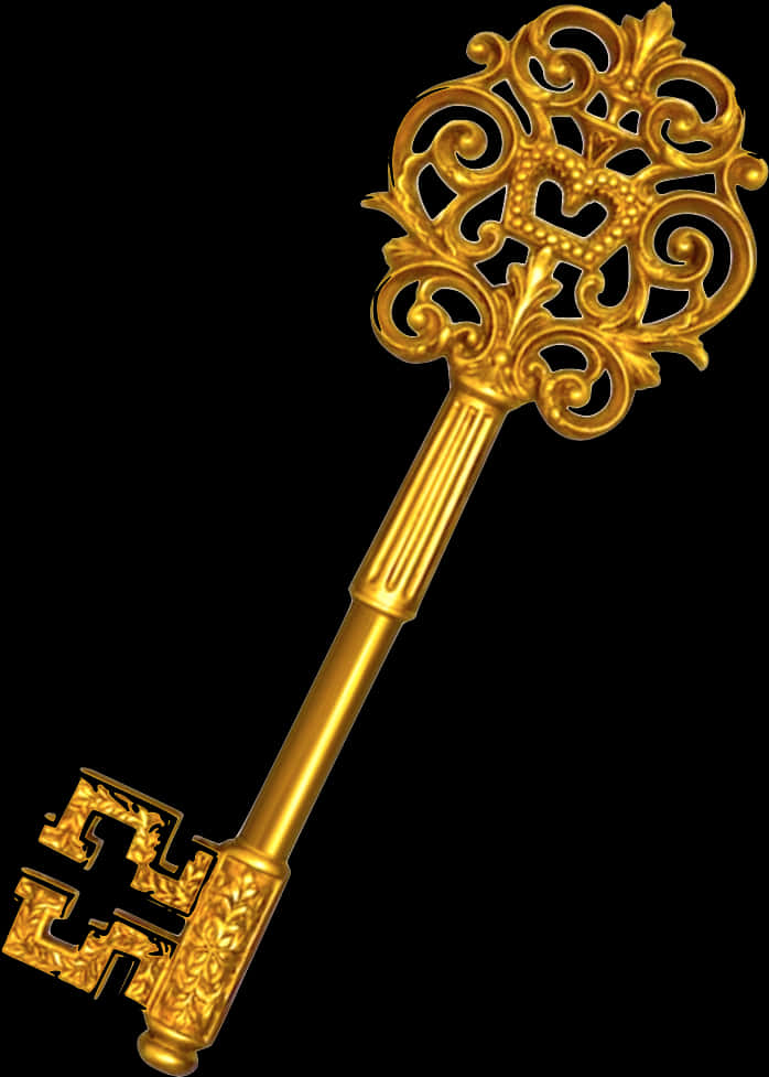 Ornate Golden Key Black Background PNG