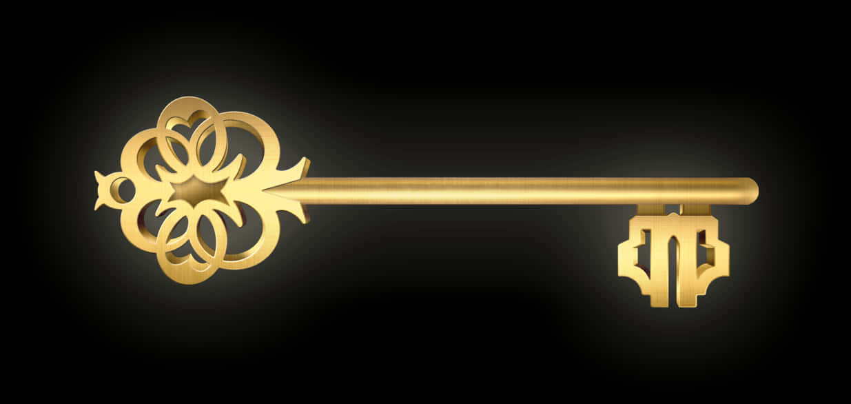 Ornate Golden Key Black Background PNG