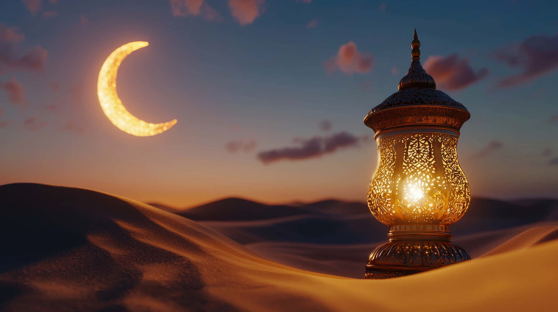 Ornate Lantern Glowing In Desert Sand Dunes Under Crescent Moon At Dusk Wallpaper