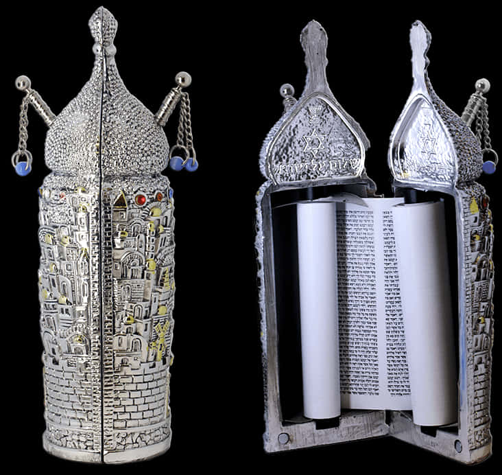 Ornate Silver Torah Scroll Case PNG
