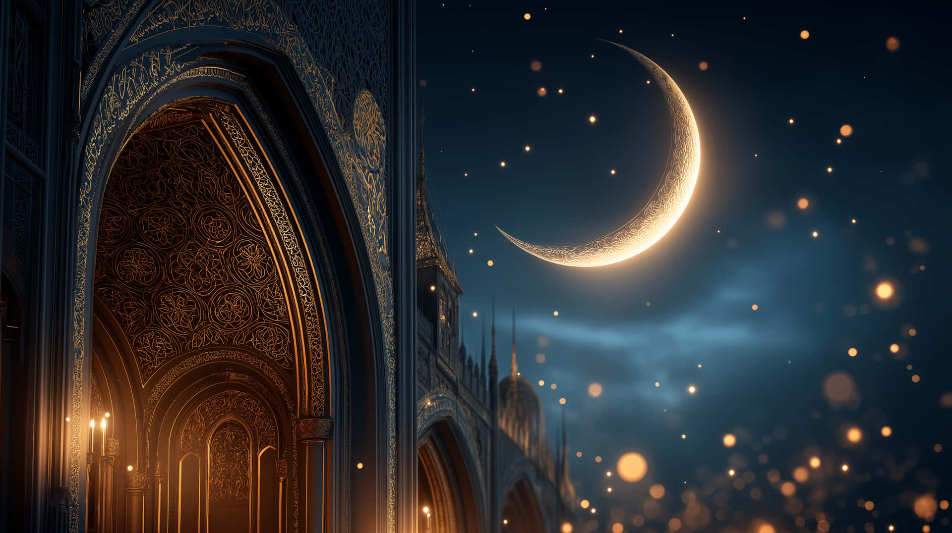 Ornate Structure Under A Glowing Crescent Moon And Stars Wallpaper