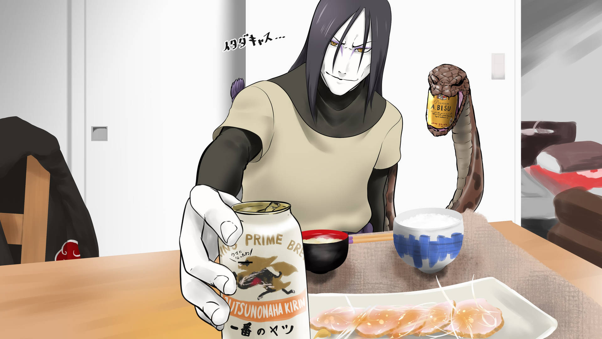 Orochimaru med ølkop og pinde tapet. Wallpaper