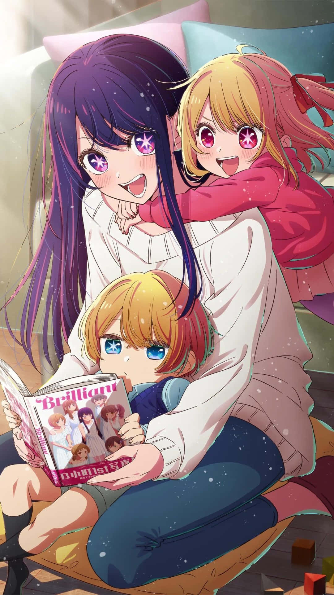 Oshi No Ko Anime Characters Reading Magazine Wallpaper