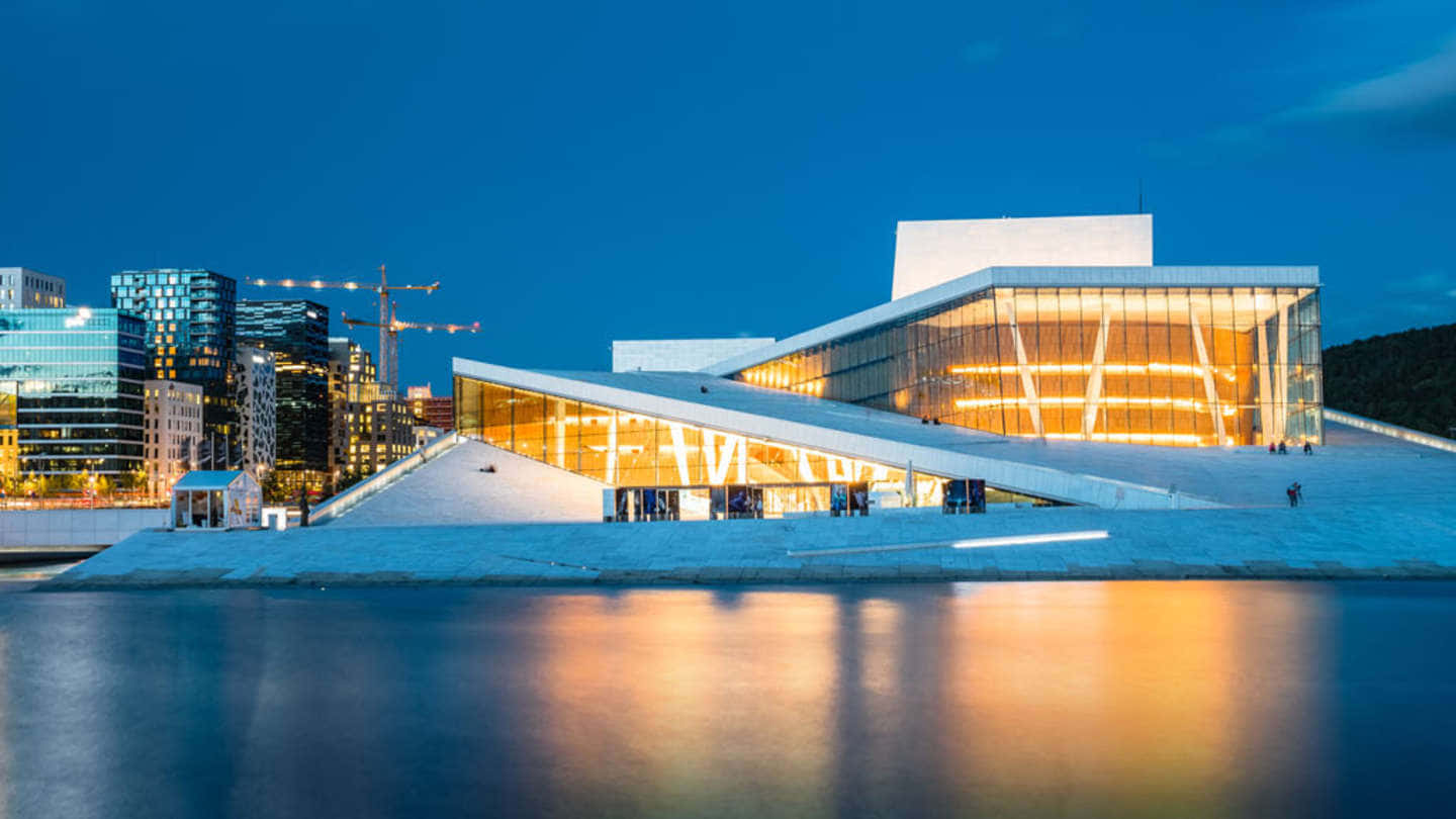 Oslo Opera House With Yellow Lights Wallpaper