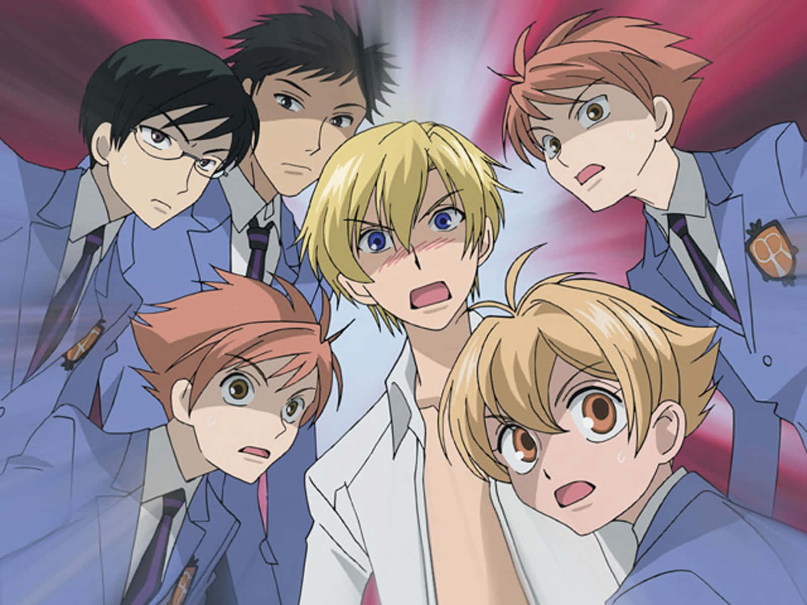 The Ouran High School Host Club members posing together with a cheerful background. Wallpaper
