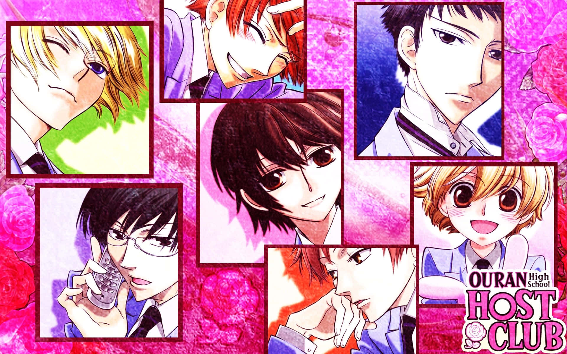 Caption: Members of the Ouran High School Host Club grouped together in brotherly camaraderie. Wallpaper