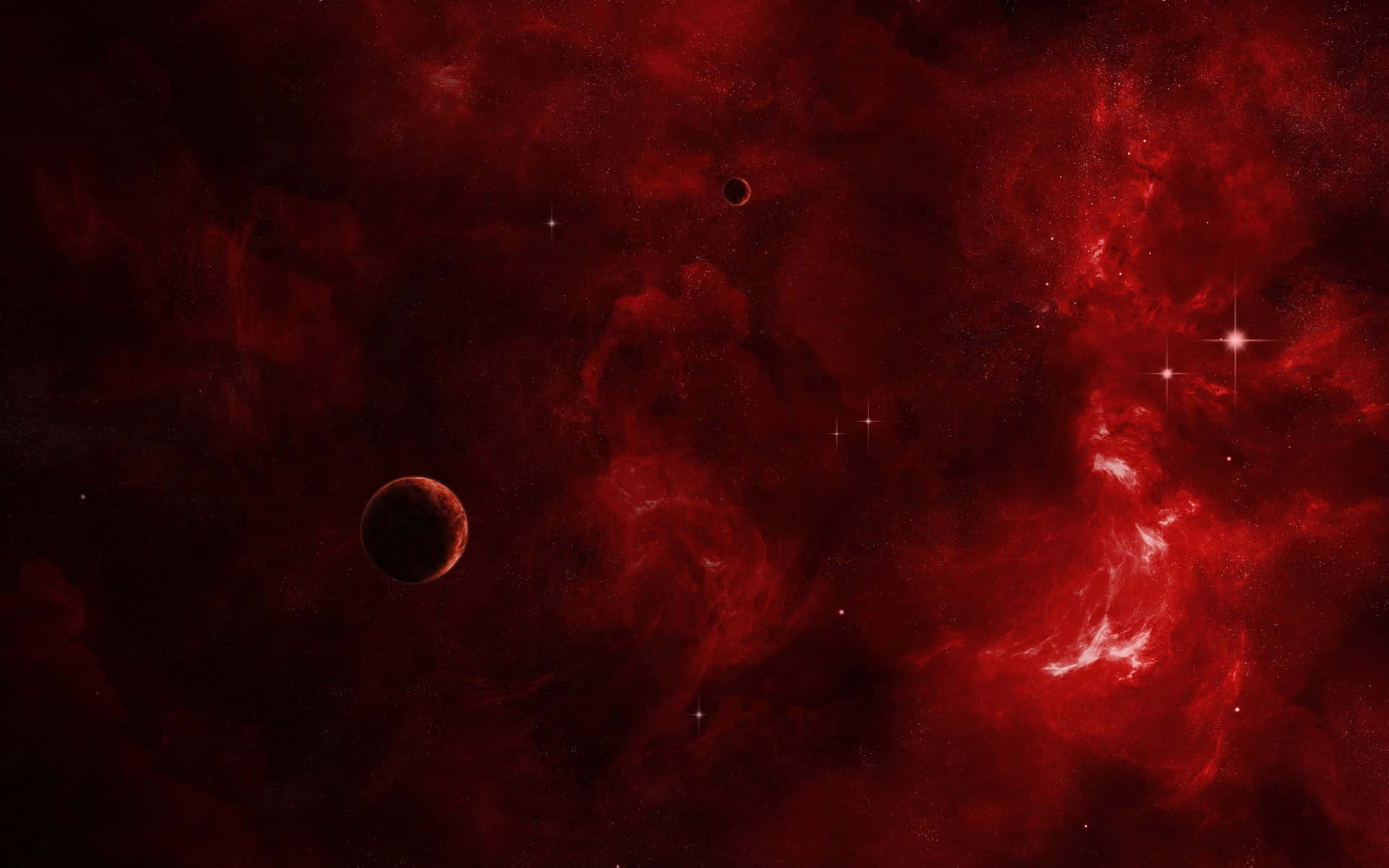 En oplyst silhuet af en rødskæret gasgigant mod et strålende felt af stjerner. Wallpaper
