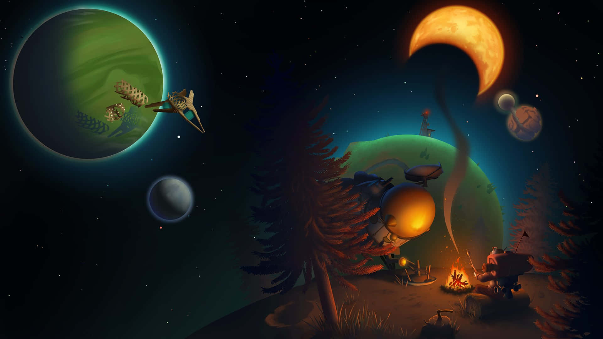 Udforsk et fremmed solsystem fyldt med mysterium og farlige hemmeligheder i Outer Wilds. Wallpaper