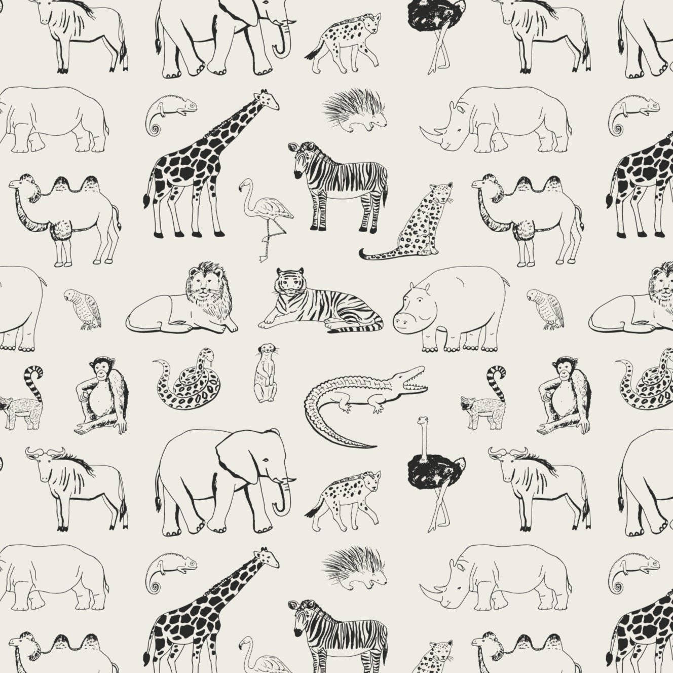 Et sort og hvidt mønster med dyr på det. Wallpaper
