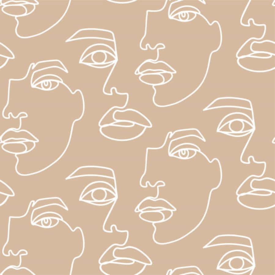 A Pattern Of Faces On A Beige Background