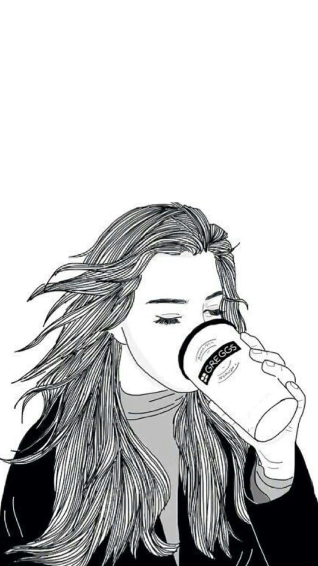 Enpige, Der Drikker En Kop Kaffe.