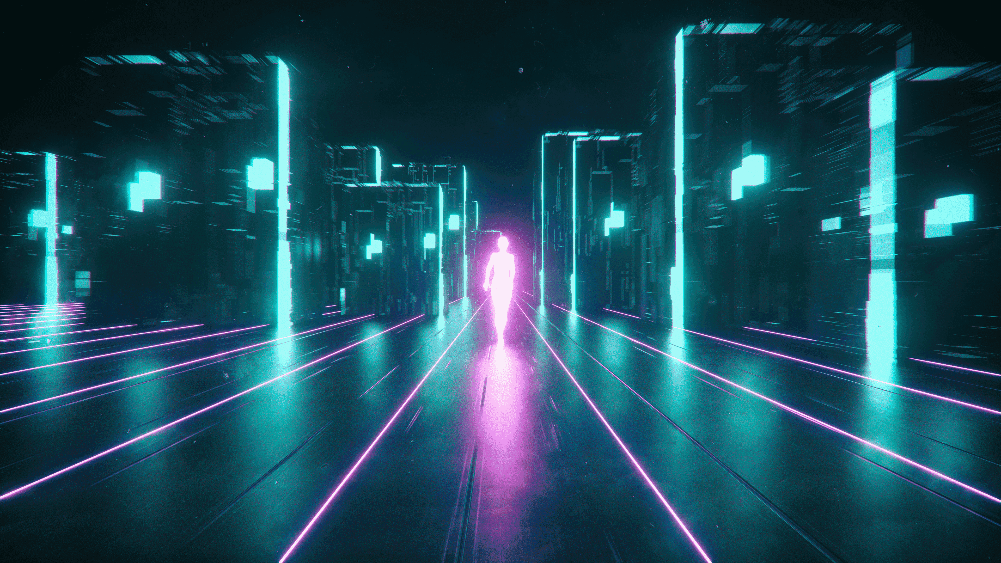 Speed and style come together in Outrun. Background — A glowing humanoid figure walks down a neon-lit digital corridor flanked by towering glowing structures.