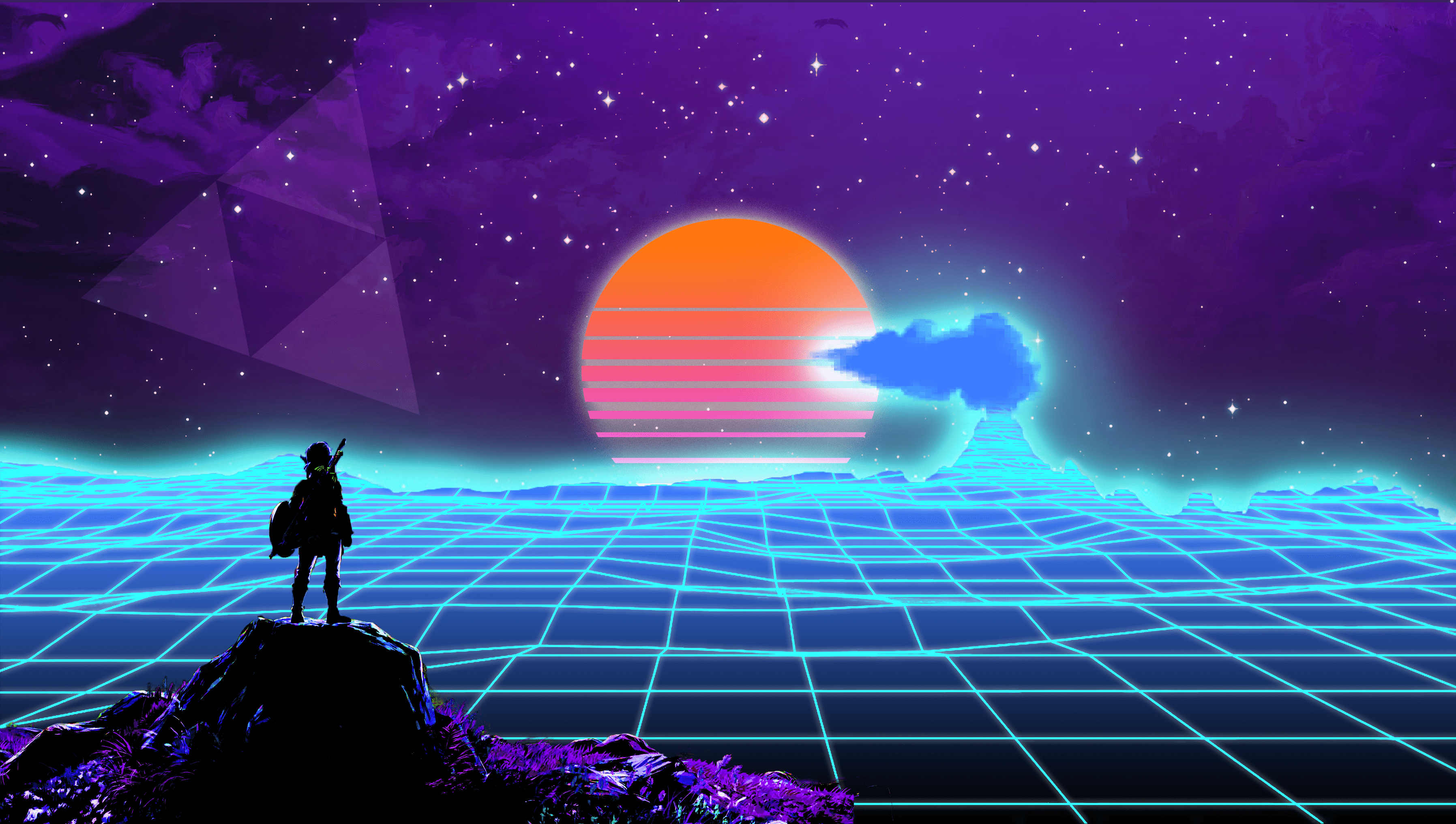 "Speed and style come together in Outrun video games." Background — A lone figure stands on a rock gazing at a glowing orange sun rising over a neon blue grid under a starry purple sky.
