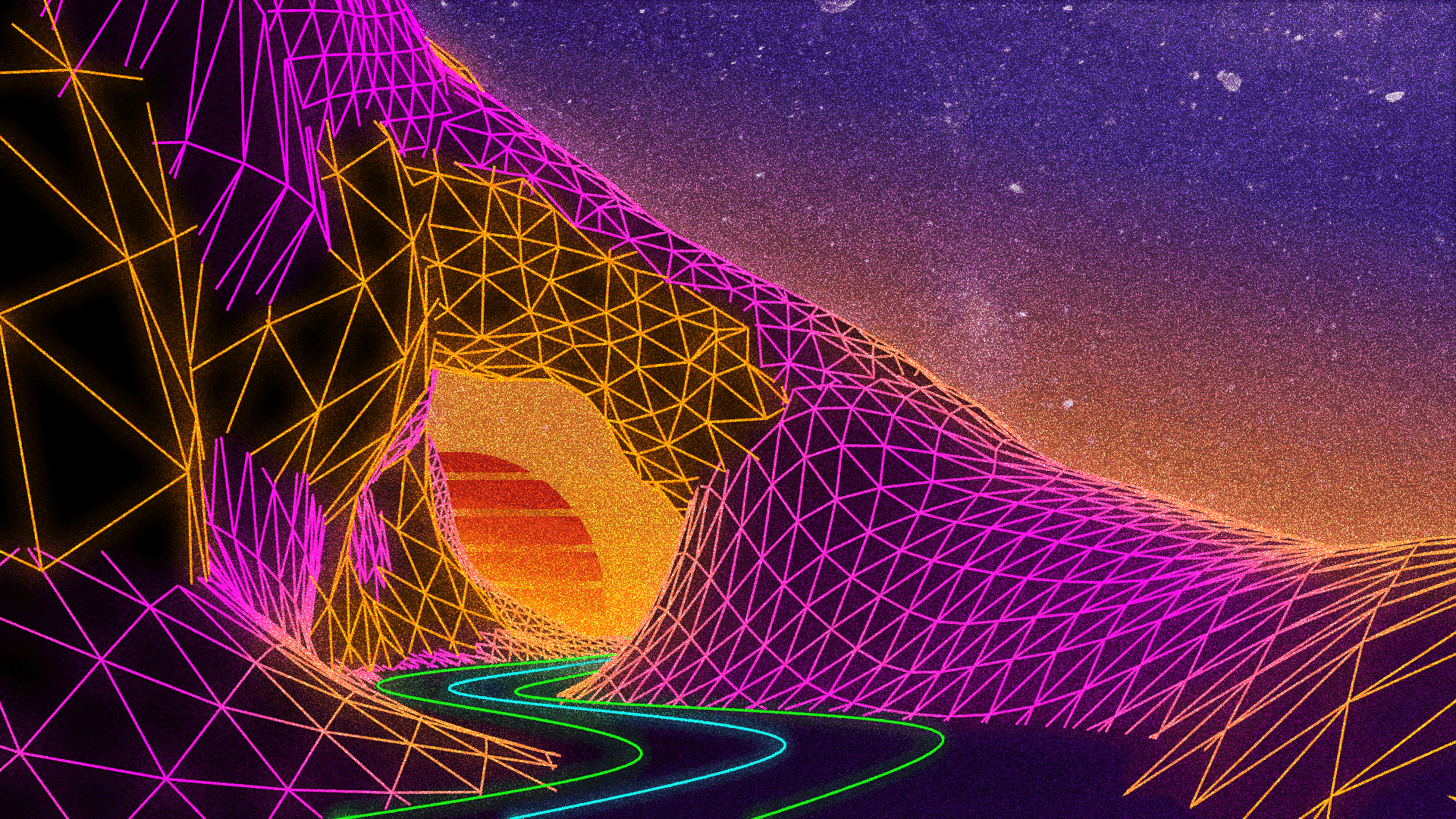 Exploring the open road with Outrun Background — A neon wireframe mountain range under a starry purple sky with a glowing sunset and winding path.