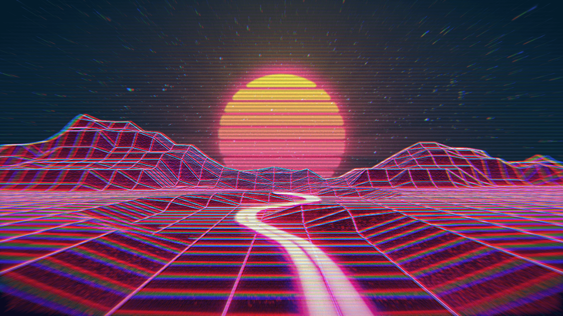 Outrunbaggrund Baggrunde — Et neonlyserødt og lilla retrofuturistisk landskab med en glødende sol og snoet vej under en stjernehimmel.