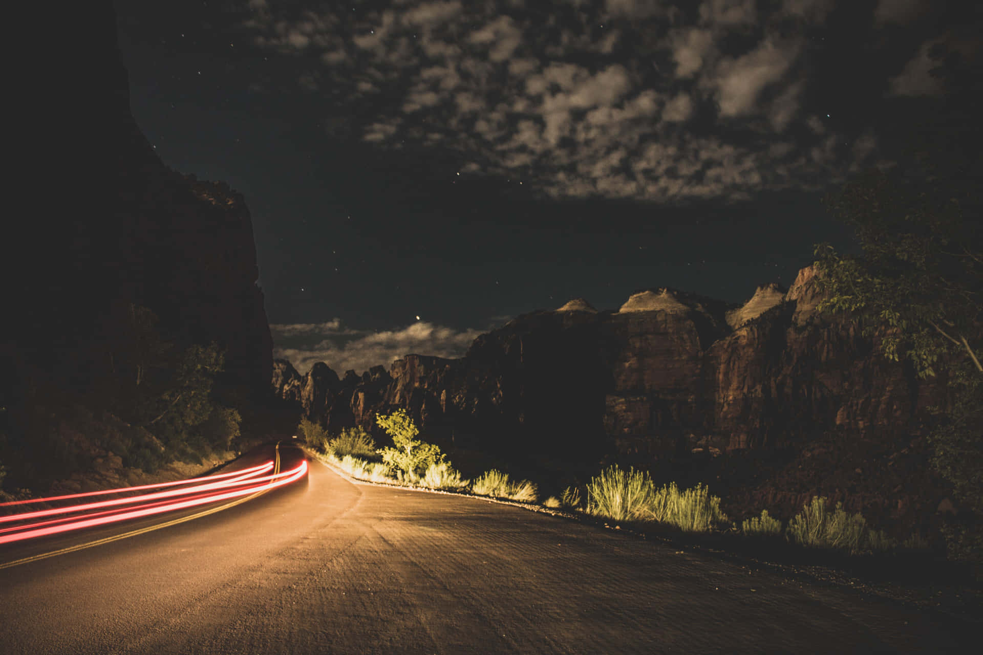 Zion Lodge Road Night Time Lapse Outside Background