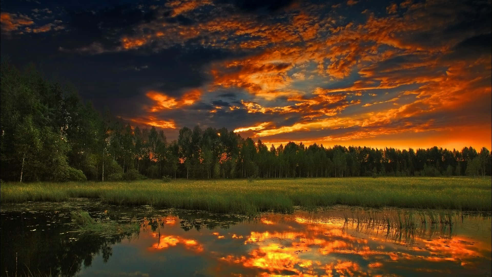 Lake Landscape With Sunset Sky Outside Background