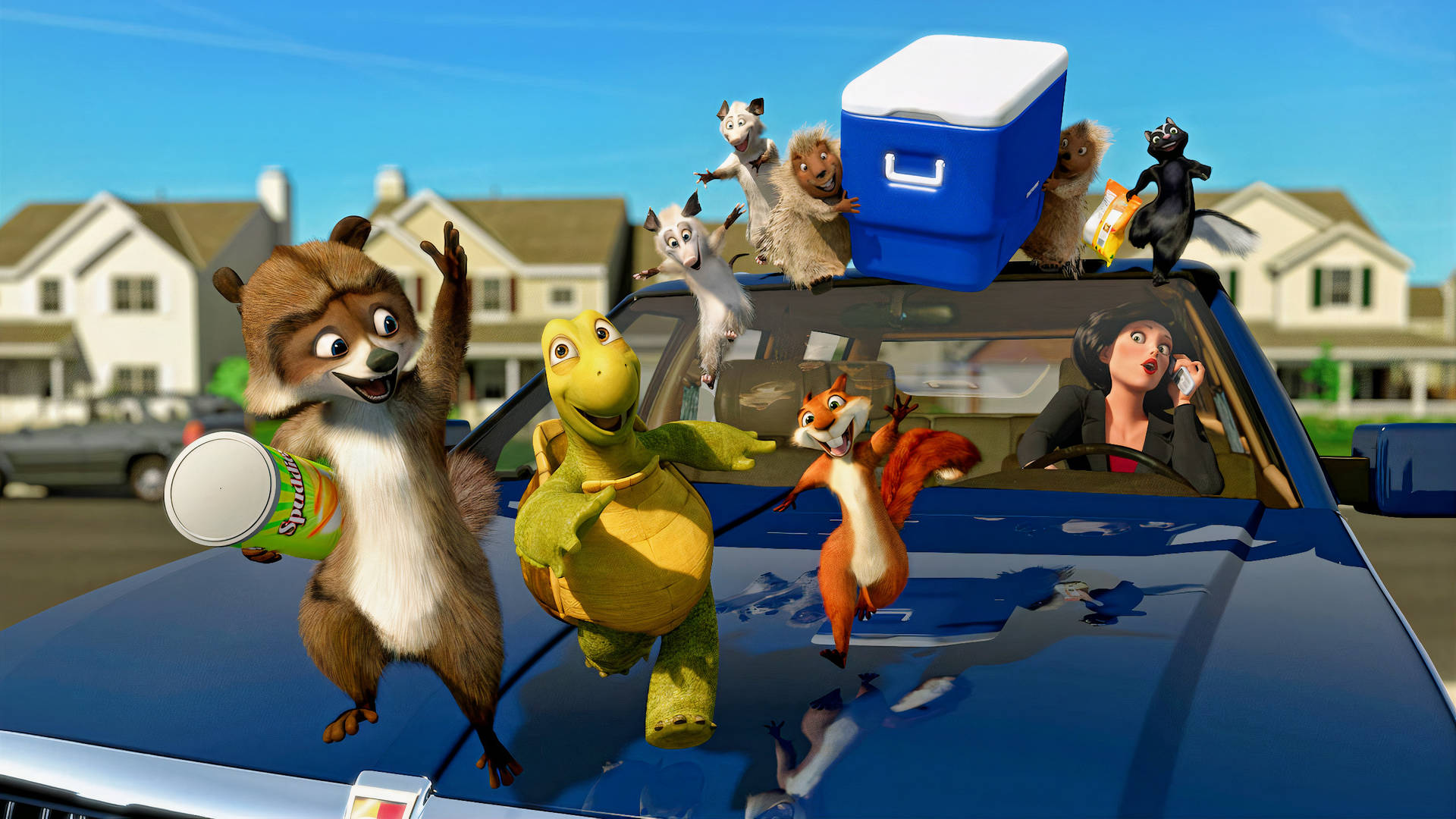 Over The Hedge Characters Standing On Car Wallpaper